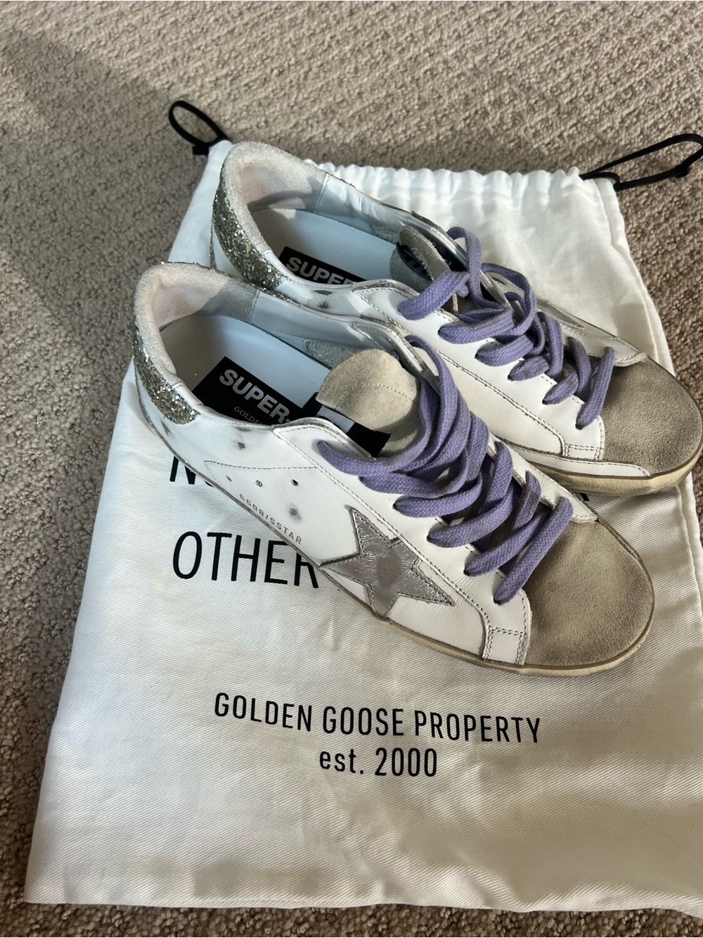 Golden Goose White Sneakers with Lavender Laces and Silver Star
